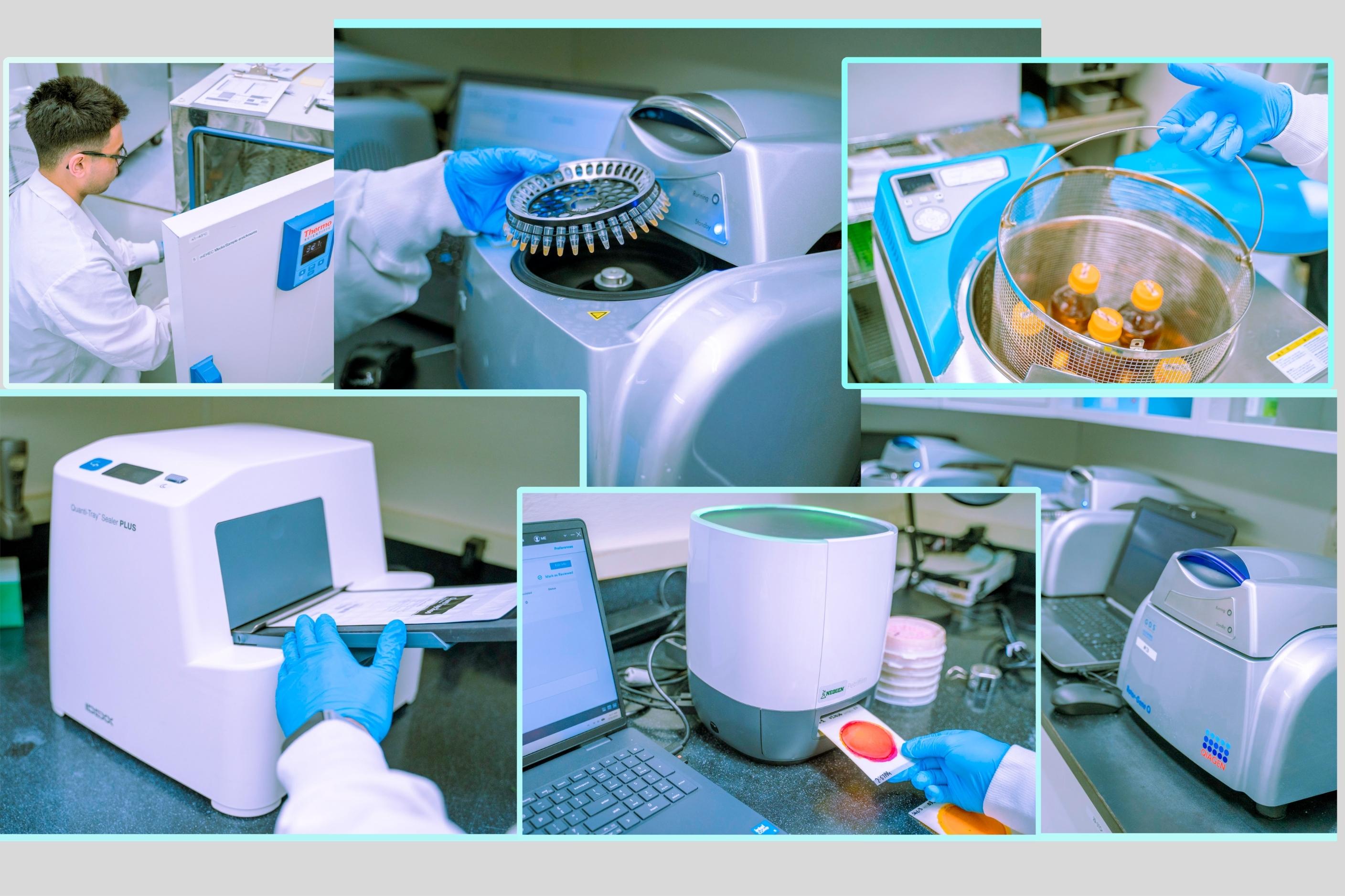 Key laboratory equipment at HPC Foods Laboratory including centrifuge, Quanti-Tray sealer, PCR system, autoclave, and colony counter